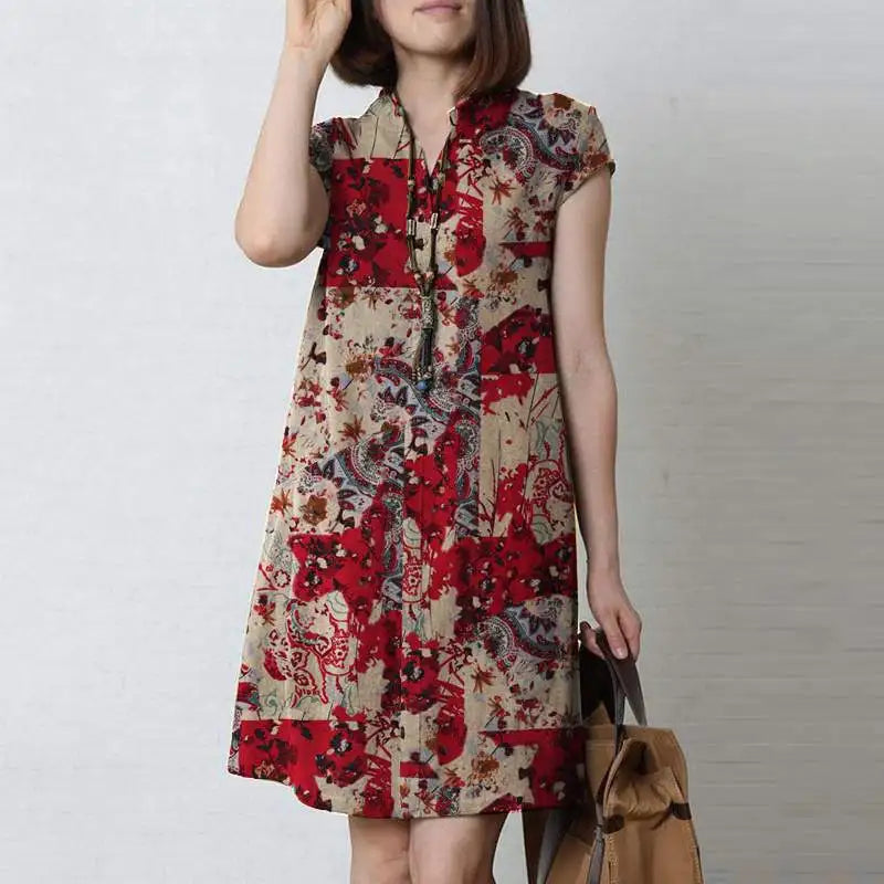 Zanzea Vintage Sommerkleid Sommer knielanges Kleid Frauen Kurzarm lässig Urlaub Kleider Bohemian Blumen gedruckt Vestidos Robe.