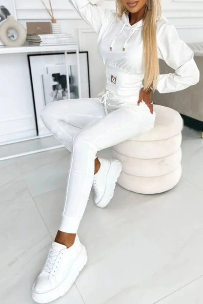 Casual Solid Color Hooded Slim Long-sleeved Top And Wide-sleeved Pants Suit Women 2025 Spring Top Lace-up Pants Suit For Women.