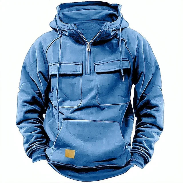 2025 New Autumn Winter Men's Hooded Solid-color Casual Hoodie Fashionable Young Man's Multi-Pocket Patch Hoodie Pullover Shirt.