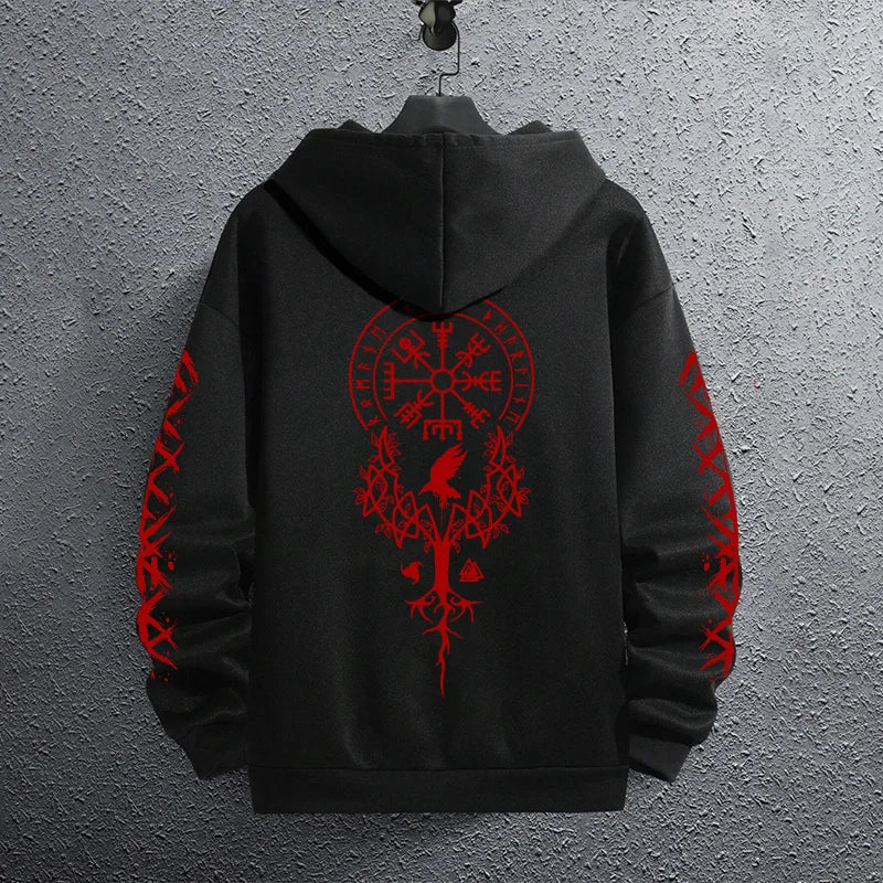 2025 Brand New Black Sweatshirts Autumn Winter Male Daily Casual Sporty Jogging Hoodie Men's Ancient Viking Raven Print Pullover.