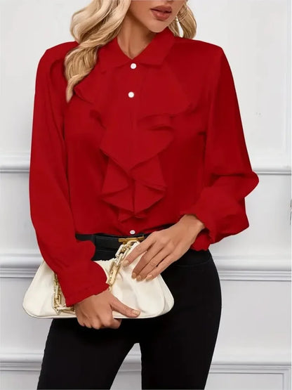 Spring Autumn Shirts Fashion White Ruffled Elegant Blouse Tops Women New Long Sleeve Lapel Woman Shirt Solid Office Ladies Tops.