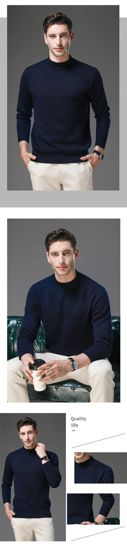 High End Wool Anti-pilling Blended Fashion Brand Half Turtleneck Knit Pullover Casual Sweater Mens Jumper Designer Clothing.