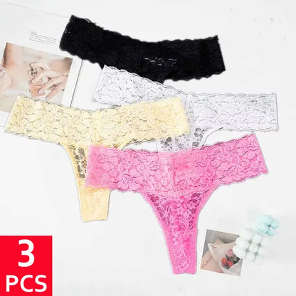 3PCS Lace Floral Women Panties Low Waist Breathable Briefs Female Thong Underwear M-2XL Solid Sexy G-String Transparent Panty.