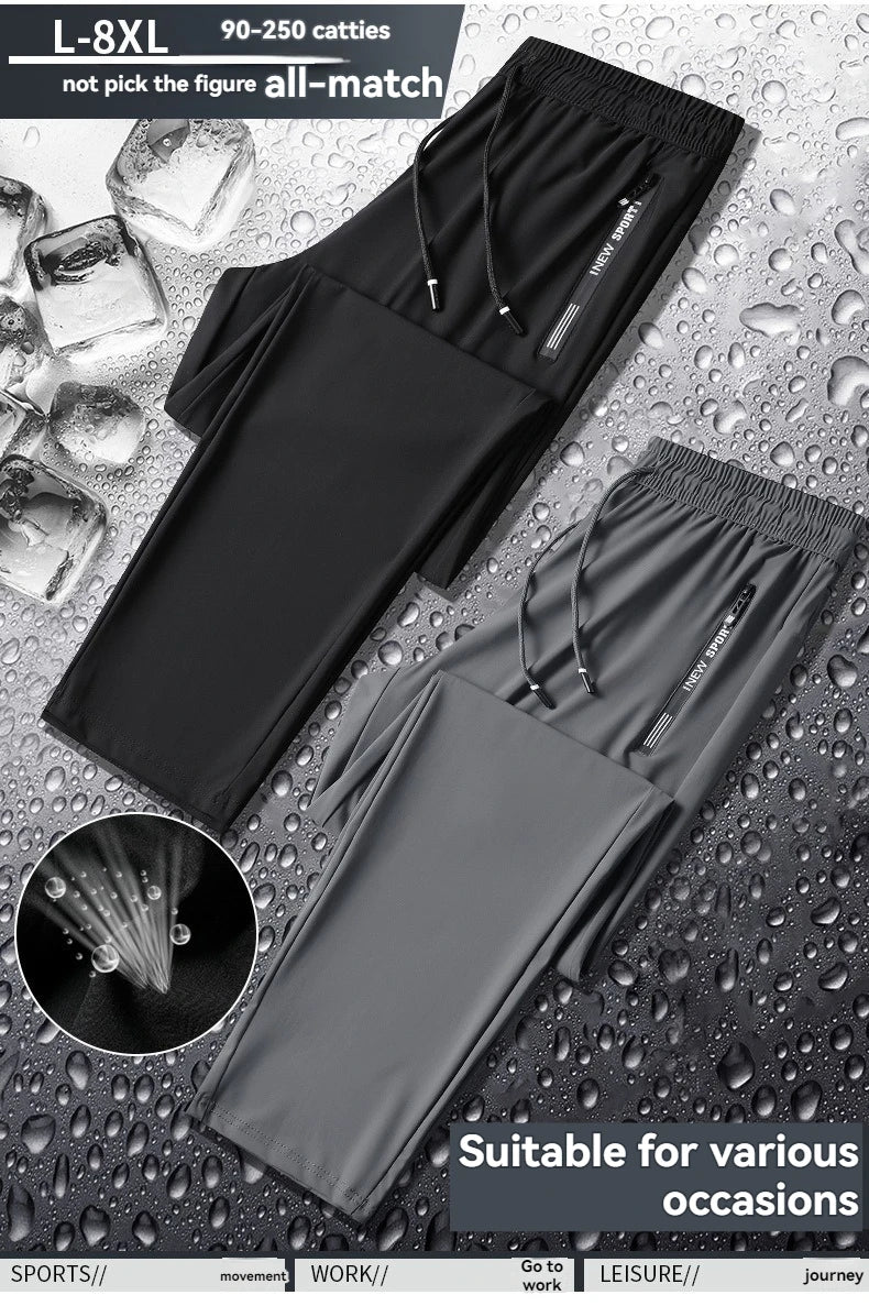 Men Summer Thin Ice Silk Pants Loose Style Workwear Casual Quick Dry Sports Pants Long Breathable High Elasticity.