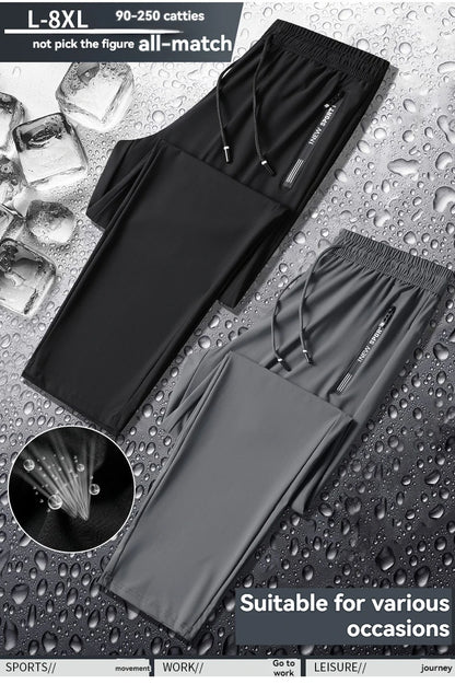 Men Summer Thin Ice Silk Pants Loose Style Workwear Casual Quick Dry Sports Pants Long Breathable High Elasticity.