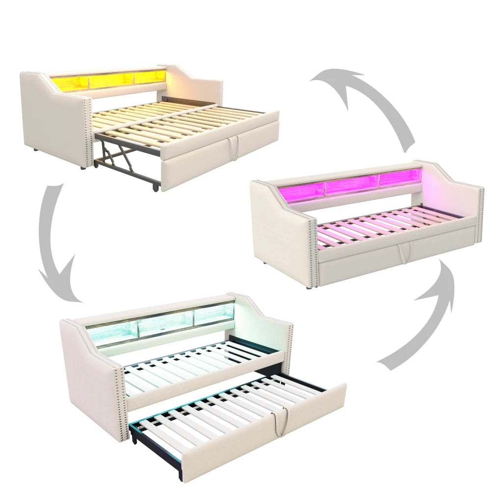 Ausziehbares Schlafsofa 90/180 x 190 cm, multifunktionales Aufbewahrungsfach, LED-Licht und USB-Buchse, mit Gitter, Dunkelgrau