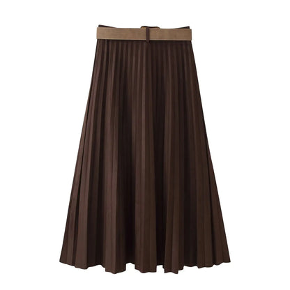 European and American style autumn new fashion trend casual simple women's matching belt suede effect pleated midi skirt.