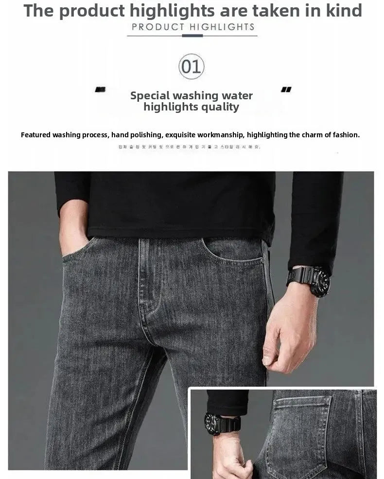 Loose Casual Jeans for Men Mid-aged Thick Winter Long Pants Business Style Straight Leg Spring Autumn Korean Version.
