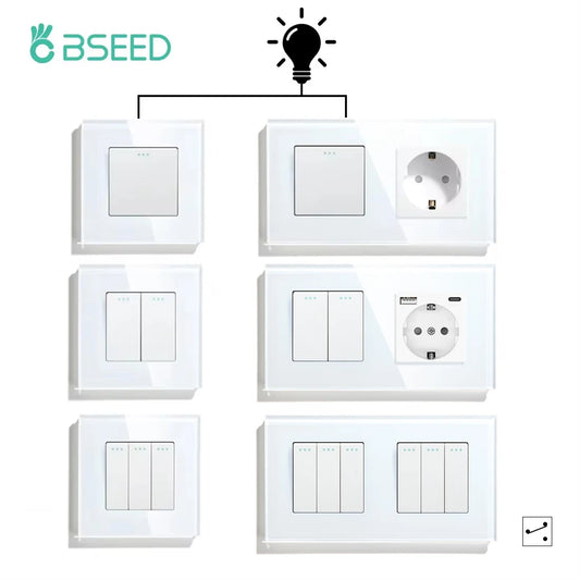BSEED 1/2/3 Gang Wandschalter 2-Wege-Treppenlichtschalter Plus Typ-C USB-Buchse EU-Standard-Glasscheibe.