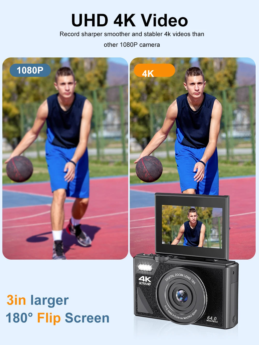 Ourlife AC600 Digital Camera 4K 64MP UHD Cameras 18X Digital Zoom 180° Flip Screen Vintage Vlogging Camera for YouTube Autofocus.