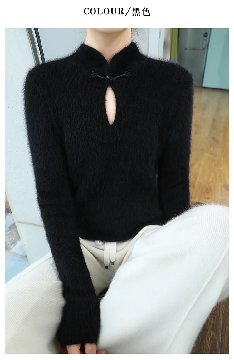 2024 autumn winter new 100% mink cashmere sweater women's pullover slim-fit long sleeve solid color stand collar bottom knitwear