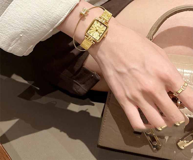 GEDI Gold Stainless Steel Quartz Watch Square Woman High-End Vintage Light Luxury Elegant Women's Wristwatches Gift.
