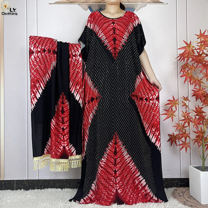 2024 New Muslim Women Dashiki Printed Dress Flower Diamonds Loose Dress With Big Scarf Islamic African Women Short Sleeve Abaya