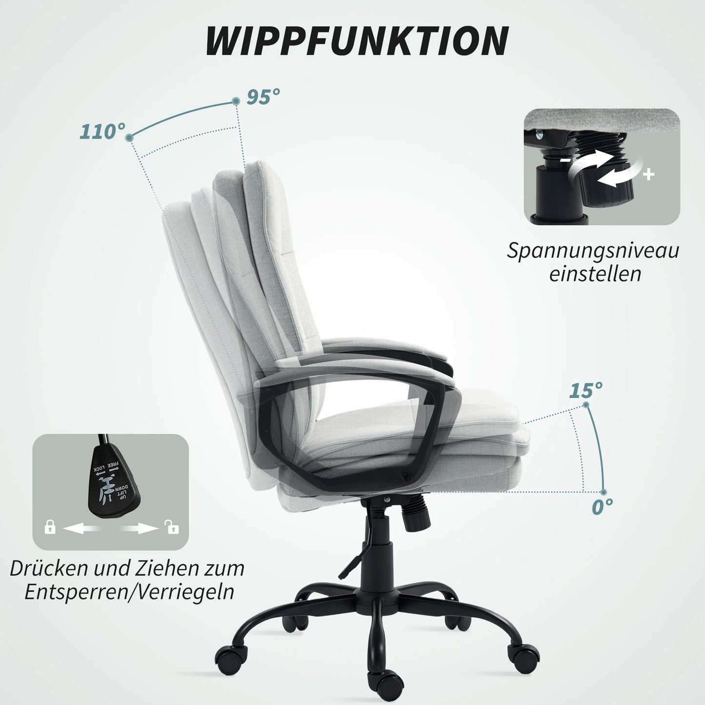 Bürostuhl Ergonomischer Bürostuhl, Drehstuhl mit verstellbaren Armlehnen, mit Schaukelfunktion, Computerstuhl, grau