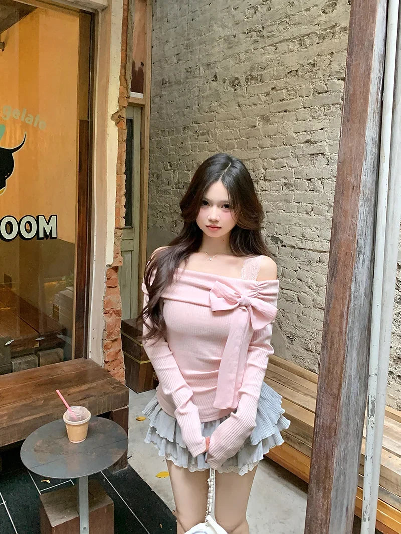 Morning Collar French Style One Shoulder Butterfly Knot Long Sleeve T-Shirt Women's Autumn Winter Slim Fit Inner Wear Top.