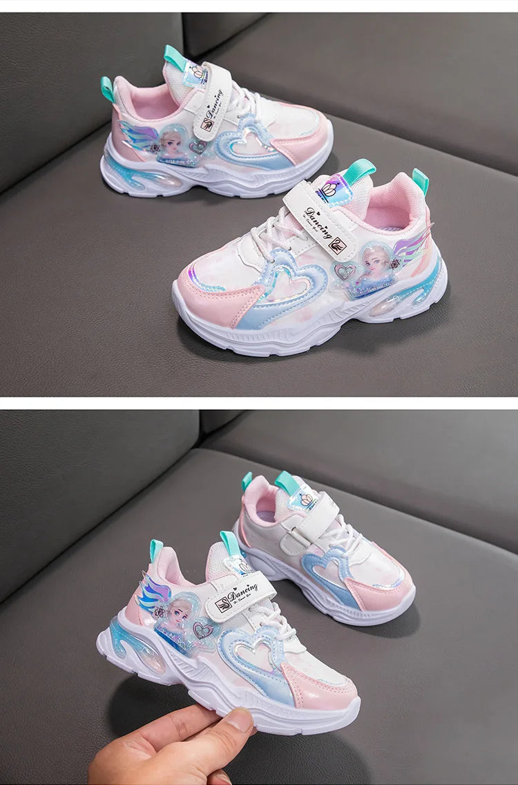 Disney Girls' Casual Shoes Frozen Priness Elsa Sneakers Mesh Leather White Breathable Sole Children's Sport Shoes Size 26-37