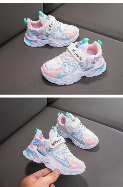 Disney Girls' Casual Shoes Frozen Priness Elsa Sneakers Mesh Leather White Breathable Sole Children's Sport Shoes Size 26-37
