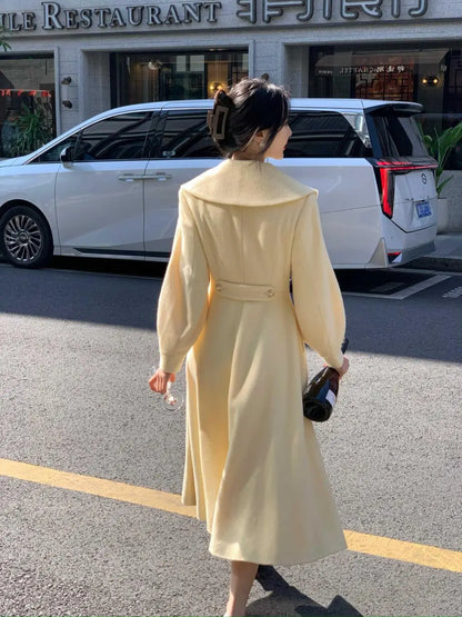 Mode frauen Lange Mäntel Winter Neue Oberbekleidung Revers Zweireiher Laterne Hülse Solide Vintage Chic Woolen Mäntel.