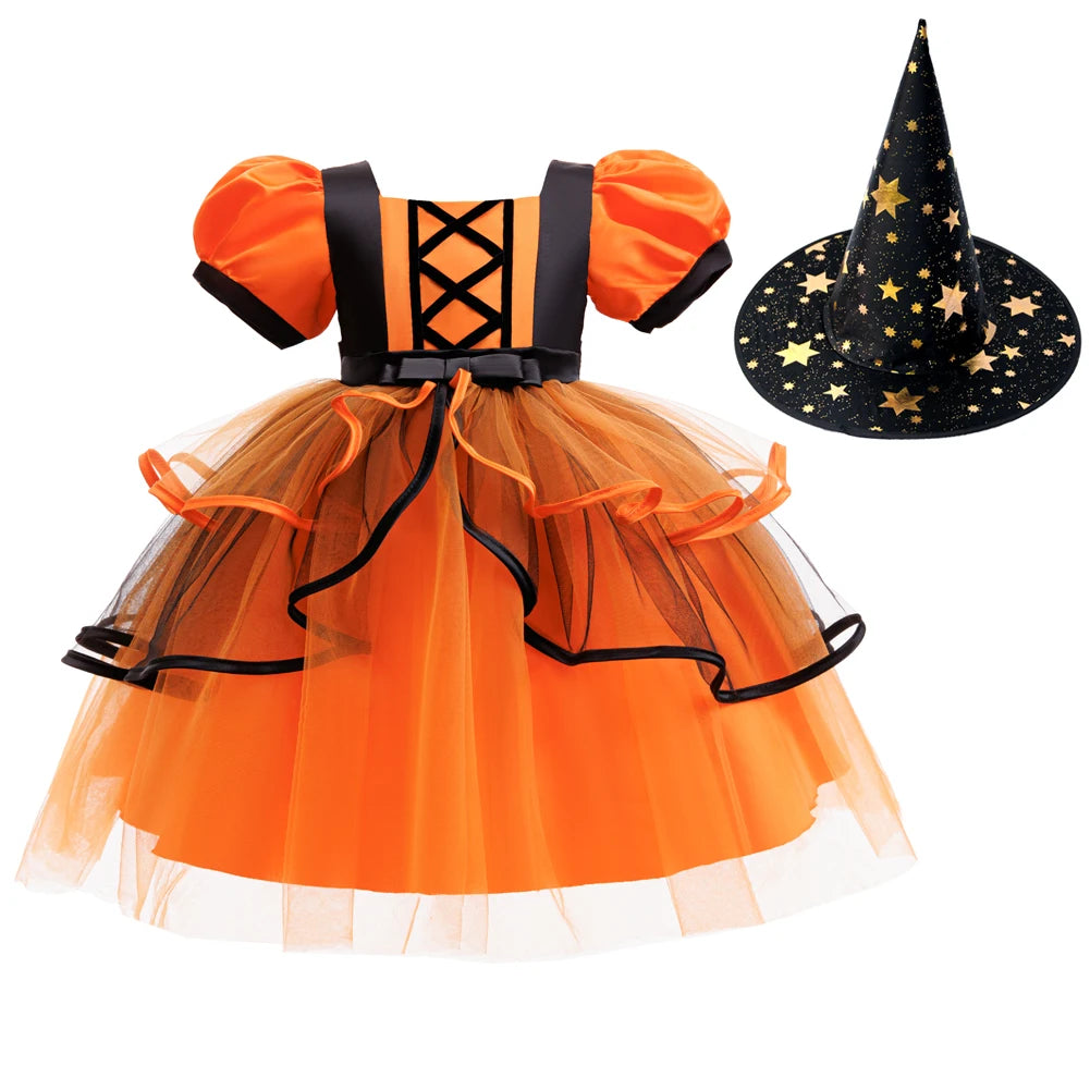Orangefarbenes Halloween-Kinderkleid für 2–10 Jahre, Polyestermaterial, Puffärmel und mehrlagiger Tüllrock, süße Prinzessinnenkleidung.