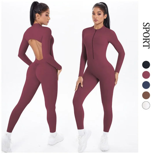 Women's Long Yoga Bodysuit with Half-Zip Sexy Back & Butt Lift for Fitness Running Outdoor Sportswear.