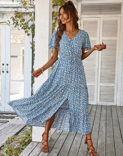 Damen Vintage Lange Blumen Druck Sommer Kleid Frauen Lose Beiläufige Taste Böhmischen Strand Kleid Frauen Sommerkleid Robe Vestidos Weibliche.