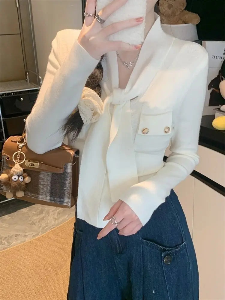 Frauen Frühling Herbst Einfachheit Büro Dame V-ausschnitt Einfarbig Langarm Strickwaren Damen Mode Alle-spiel Temperament Tops.