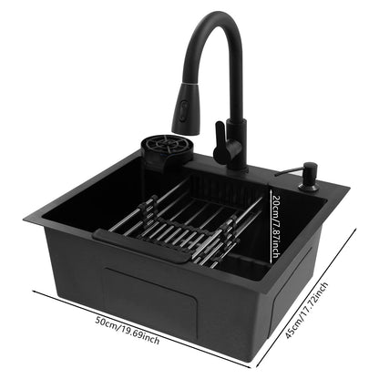 Multifunktionales Küchenspülbecken aus Edelstahl, rechteckiges schwarzes Küchenspülbecken mit ausziehbarem Wasserhahn und 300 ml Seifenspender