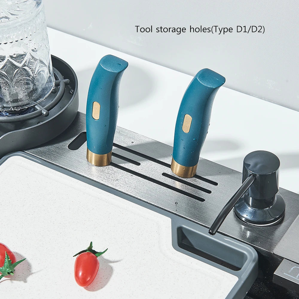 Wasserfall-Küchenspüle aus Edelstahl 304, großes Einzelschlitz-Wasserhahn-Set mit integrierter Digitalanzeige, Seifenspender, 75 x 45 cm