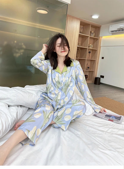2023 frühling Herbst Neue Eis Seide 2 Stück Pyjamas für Frauen Mode Strickjacke frauen Pyjamas Süße Druck Loungewear Frauen set.