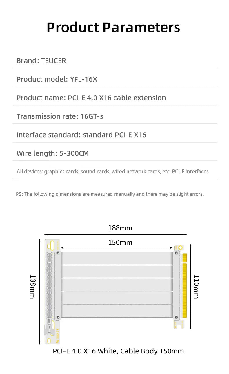 TEUCER PCI-E 4.0 X16 Riser Cable Video Card Extension Shielded Flexible 90° Mounting GPU Extension Cord Black/White.