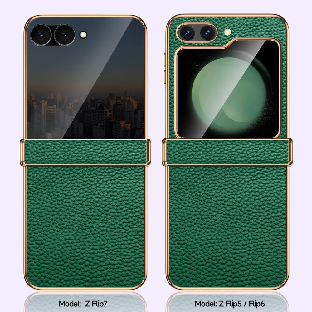 Cowhide Leather Phone Case for Samsung Galaxy Z Flip7 Flip6 Flip5 Flip 7 6 5 Luxury Hinge Protection Cover with Tempered Glass.