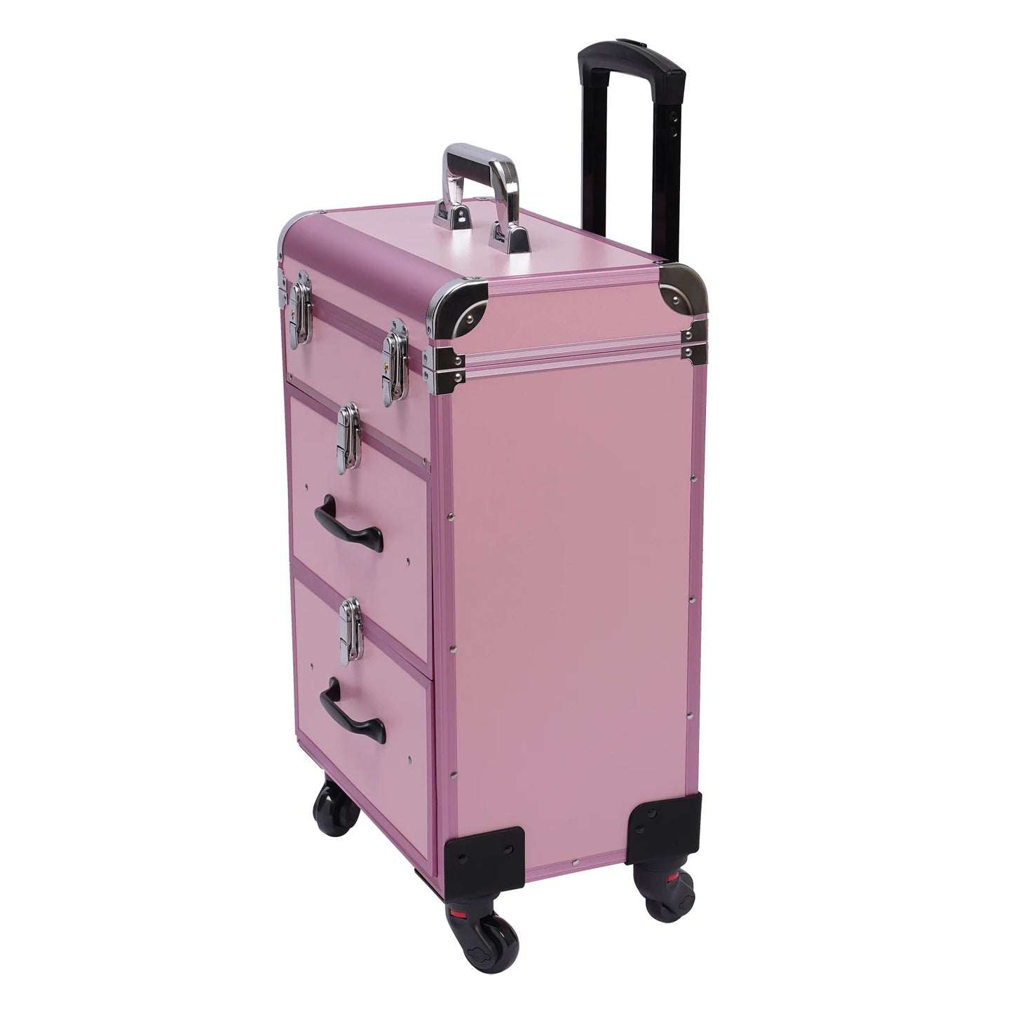 3 in 1 Rolling Makeup Case with Drawer, Large Makeup Case Organizers, Profesional Cosmetic Case for Salon Barber, Light Pink.