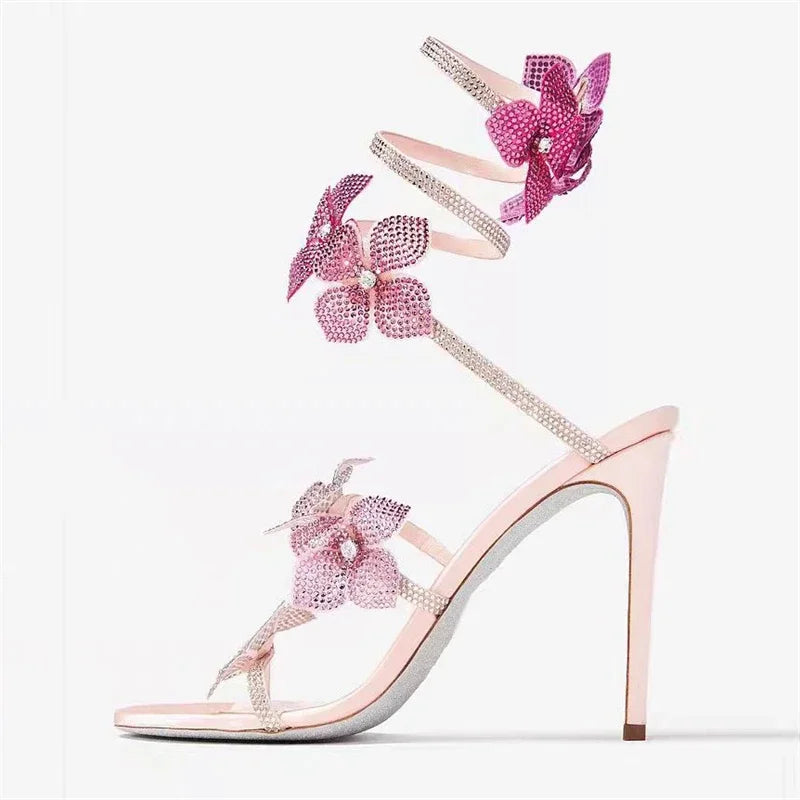 Eilyken Sexy CRYSTAL Flower Thin High Heels Women Sandals Street Style Narrow Band Ankle Strap Pole Dancing Ladies Shoes.
