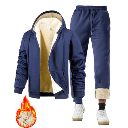 Men's Suit Two-Piece Tracksuit Plush Thickened Warm Sports Jacket+Trousers Sports Suit Winter Outdoor Casual Hoodie Sportswear