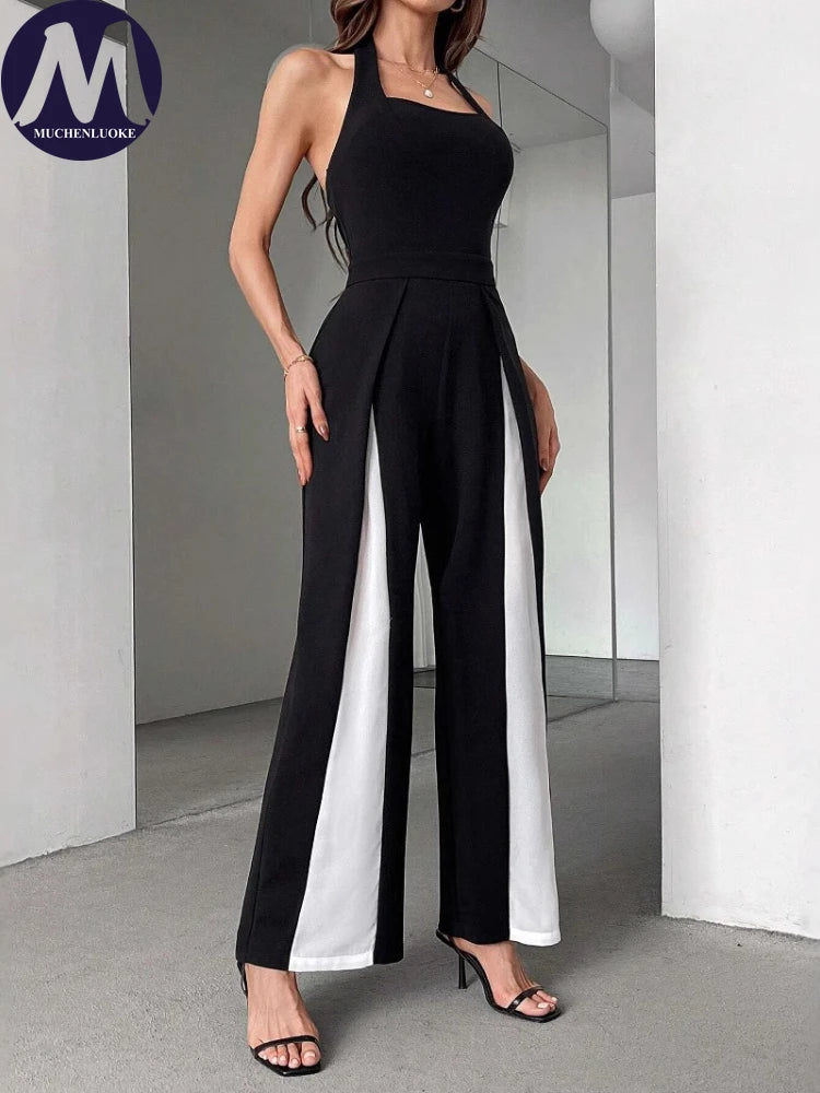 Jumpsuits for Woman Summer New Sexy Color Block Sleeveless Sling Jumpsuit Fashionable Slim Fit Backless Straight Leg Jumpsuit.