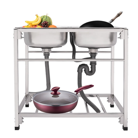 Kommerzielles Küchenspüle aus Edelstahl mit Doppelnäpfen, Überlaufanschlüssen, höhenverstellbar, zusätzlicher Stauraum für Restaurants