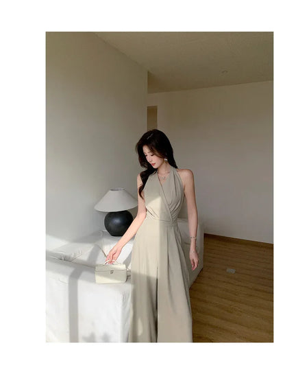 French Vintage Polyester Halter One-Piece Pants Women's Summer Business Commute High Waist Slimming Versatile Suit Long Pants.