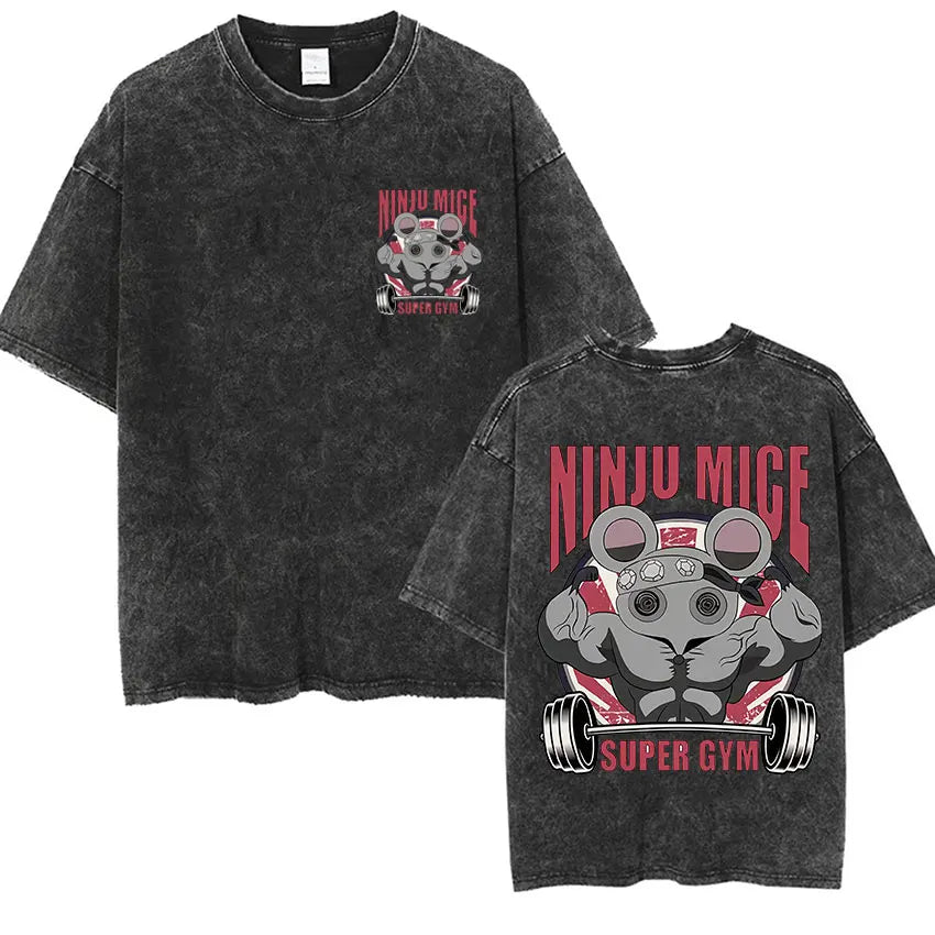 Japanese Anime Demon Slayer Uzui Tengen Vintage Washed T Shirts Funny Ninja Mice Muki Muki Gym Muscular Mouse Oversized T-shirt.