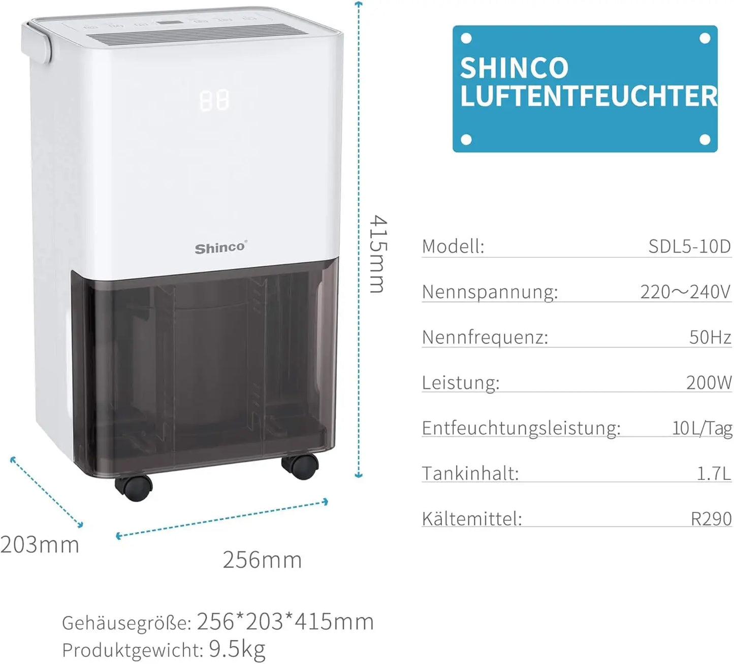 SHINCO Electric Dehumidifier, 10 L, Room Dehumidifier with Moisture Sensor, for 45 m³ (15 m²), Energy Saving, Drain Hose.