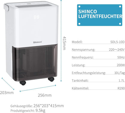 SHINCO Electric Dehumidifier, 10 L, Room Dehumidifier with Moisture Sensor, for 45 m³ (15 m²), Energy Saving, Drain Hose.