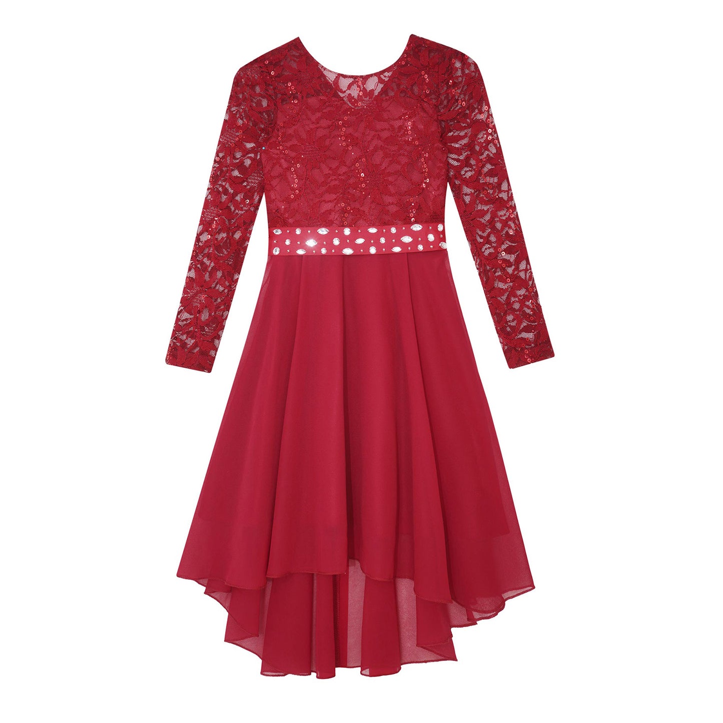 Elegantes Spitzen-Partykleid für Kinder, Mädchen, Chiffon, Spleißen, langärmelig, Kleid mit hohem und niedrigem Saum und Strass-Schärpe für Hochzeit, Geburtstag