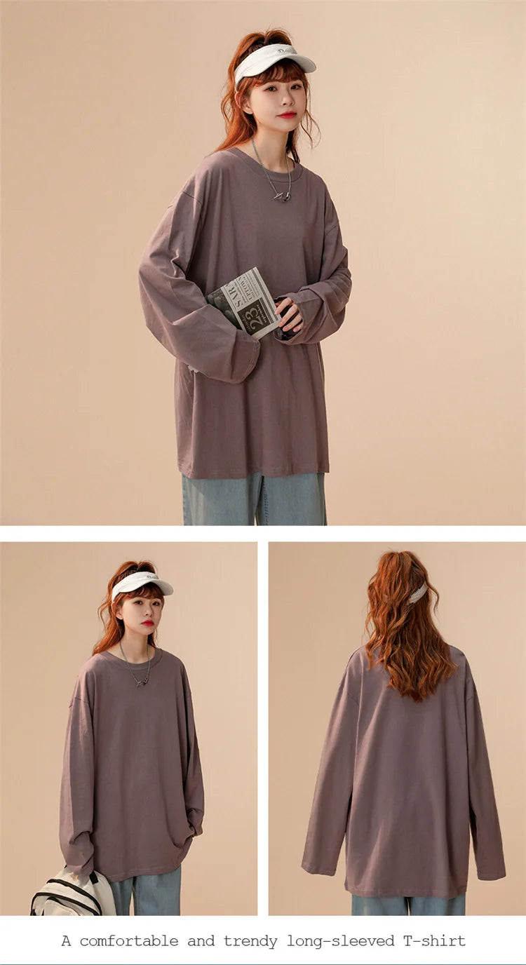 COUTUDI-Oversized T-Shirt for Women, Loose Pullover,Long Sleeve, Casual 100% Cotton Tee Shirt, Lady Tops, Korean Streetwears.