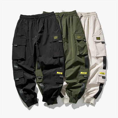Men's Cargo Pants Casual Hip Hop Hit Color Multiple Pockets Trousers Streetwear Ribbons Techwear Sweatpants Boys.