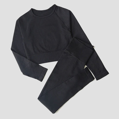 Women's Sportswear Yoga Set Workout Clothes Athletic Wear Sports Gym Legging Seamless Fitness Bra Crop Top Long Sleeve Yoga Suit