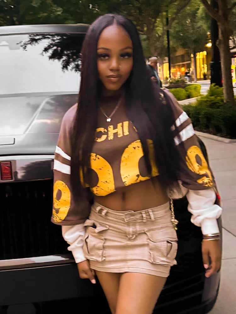 Weird Puss Fake Two Piece Pullover Women Trend Contrast Number Print Patchwork Long Sleeve Autumn Casual Simple Streetwear Tops.