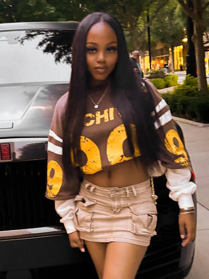 Weird Puss Fake Two Piece Pullover Women Trend Contrast Number Print Patchwork Long Sleeve Autumn Casual Simple Streetwear Tops.