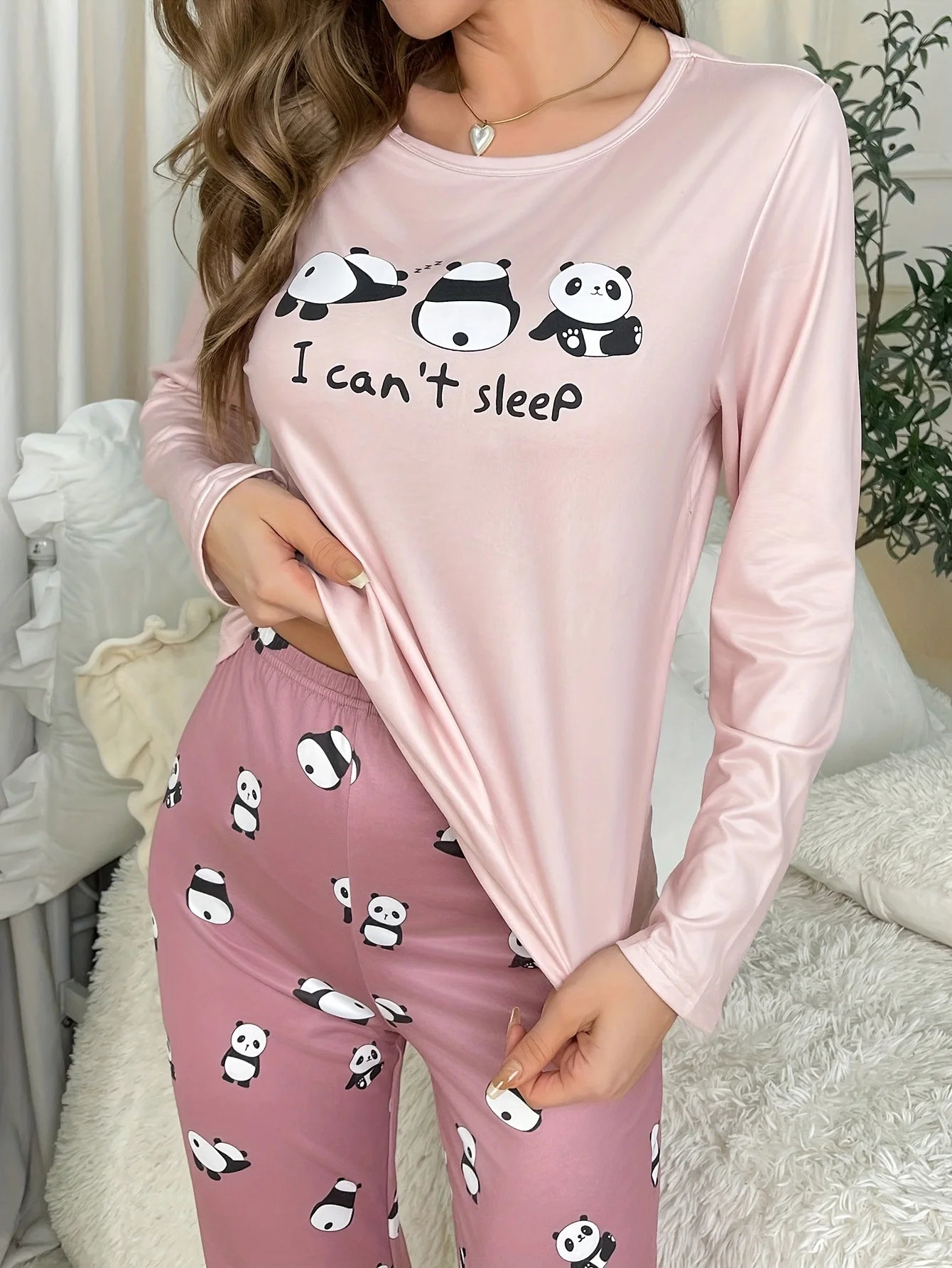 Damen-Pyjama-Set im neuen Stil, süßer Panda, langärmelige Hose, zweiteilig, lässige Heimkleidung.
