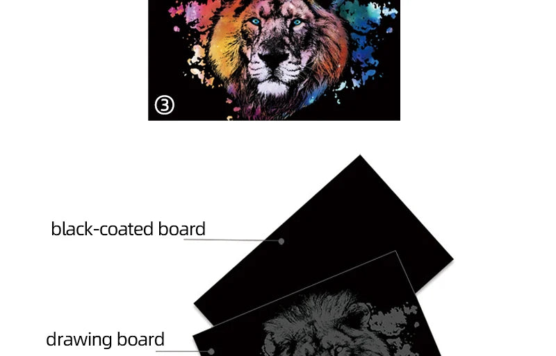 2 Sheets Animal Scratch Art Paper Set with Stylus DIY Rainbow Craft Lion Unicorn Cat Dog Painting Toy Creative Kids Adults Gift.