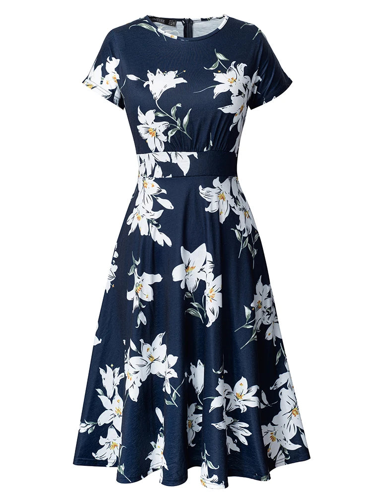 Nice-forever Vintage Elegante Blumen Druck Plissee Rundhals vestidos A-Line Pinup Business Party Frauen Flare Swing Kleid A102.