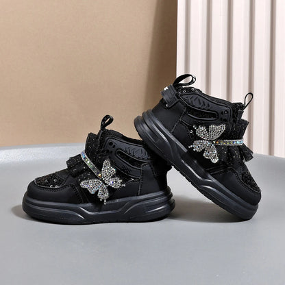 2025 New Autumn Children Shoes Leather Toddler Kids Sport Shoes Bling Bling Cute Butterfly Soft Sole Fashion Girls Sneakers.